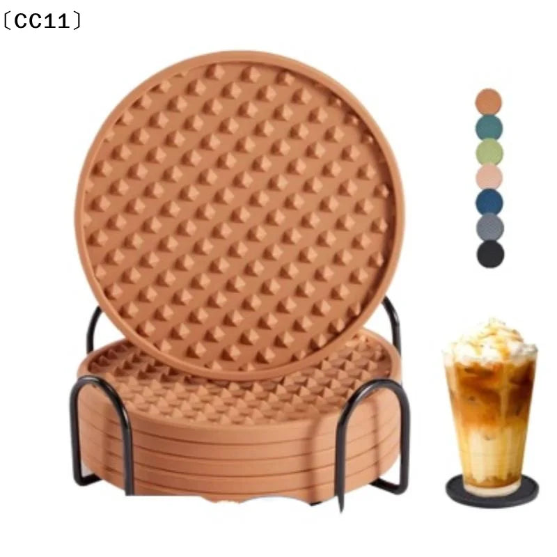 6 Silicone Drink Coasters with Metal Holder – Absorbent Set Drink Coaster Set Qme