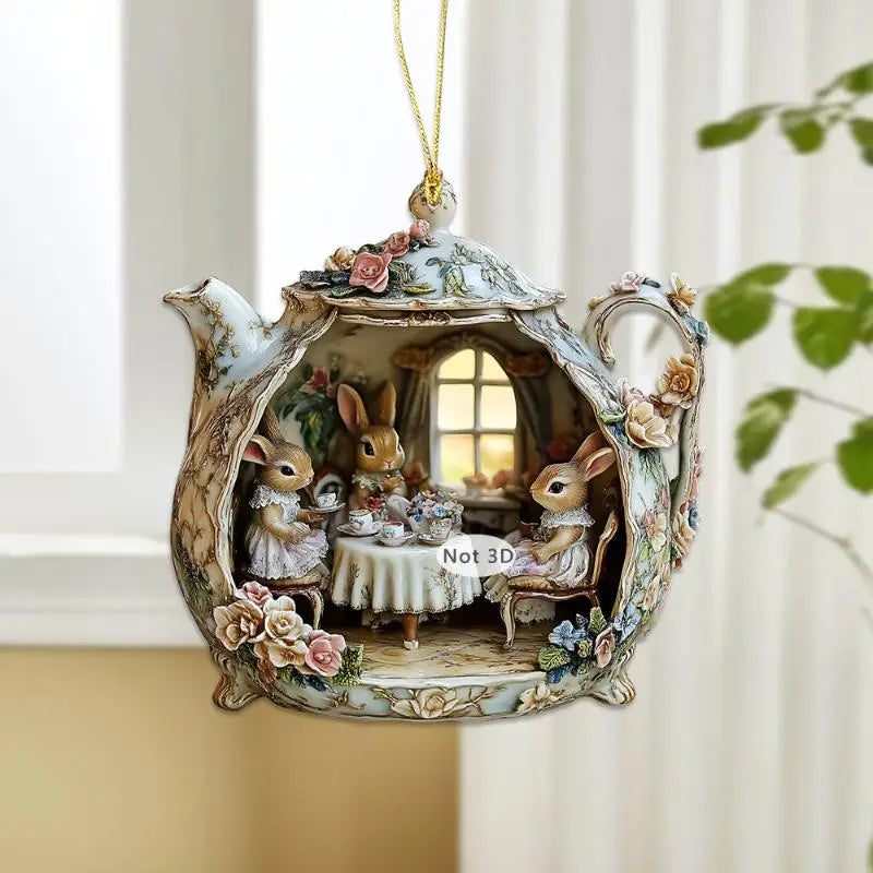 Easter Rabbit Teacup 2D Acrylic Pendant | Bunny Charm Decor Acrylic Pendant Charm Qme
