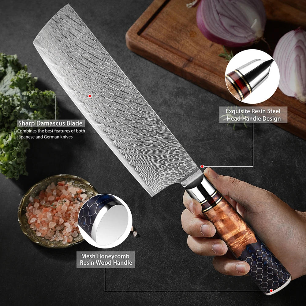Xituo 7" Damascus Nakiri Knife – 67-Layer Steel Chef Knife Damascus Kitchen Knife Qst