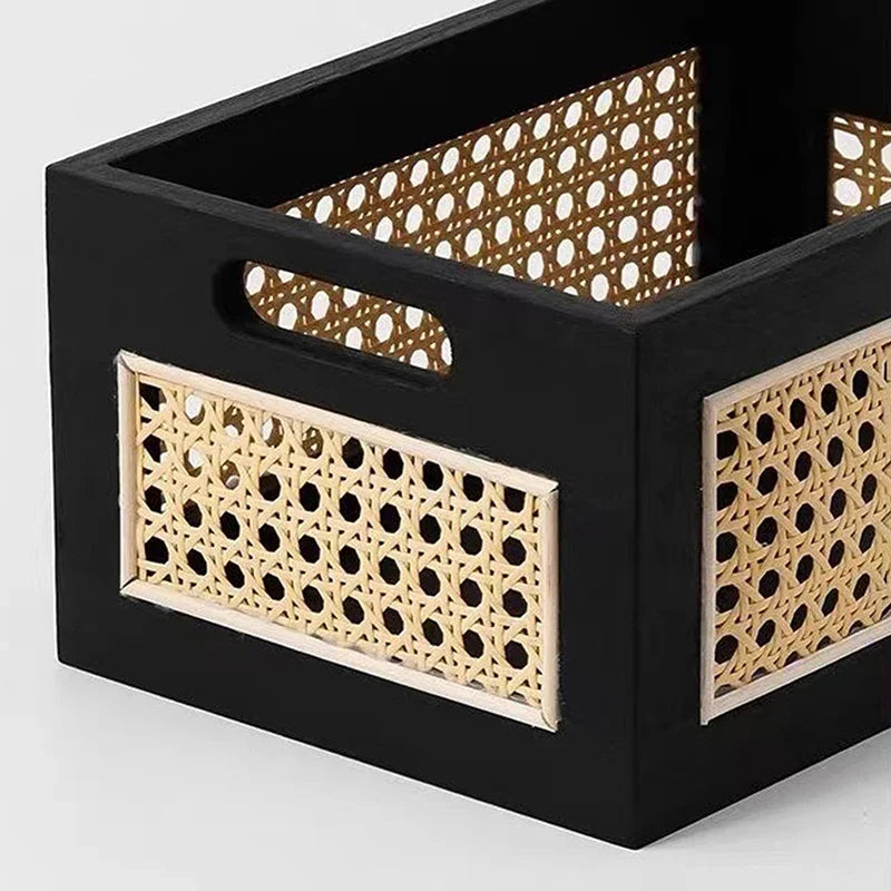 Wood Rattan-Style Organizer Basket Box | Home Decor Storage Decorative Storage Basket Qme