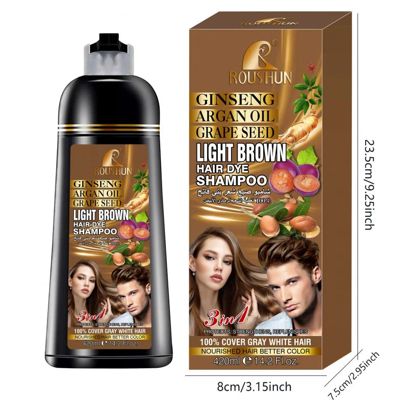 ROUSHUN 420ml Light Brown Hair Dye Shampoo – Ginseng & Ginger Hair Dye Shampoo Qst