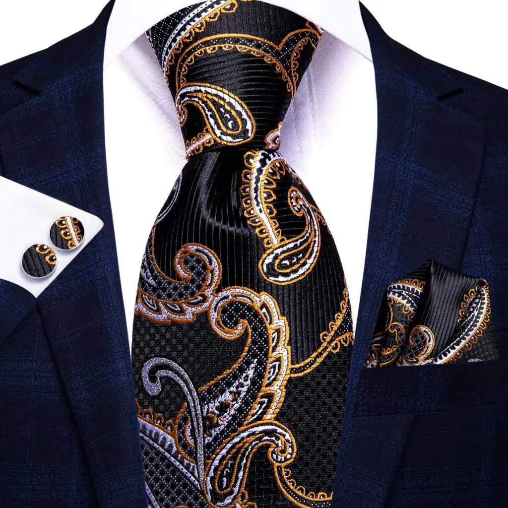 Hi-Tie 100% Silk Black Gold Jacquard Wedding Necktie Set Silk Necktie Set Qme SN-3329