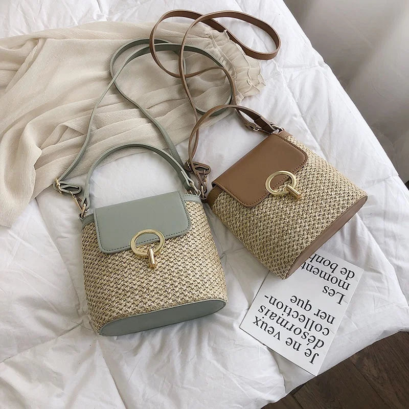 Women's Small Straw Bucket Crossbody Bag – Summer Travel Purse Crossbody Bucket Bag Qme