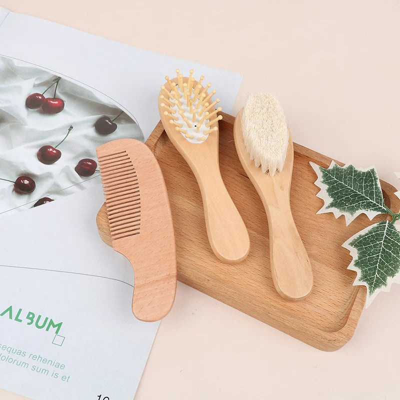 Soft Baby Hair Brush & Comb Set – Wooden Handle Newborn Baby Grooming Set Qst