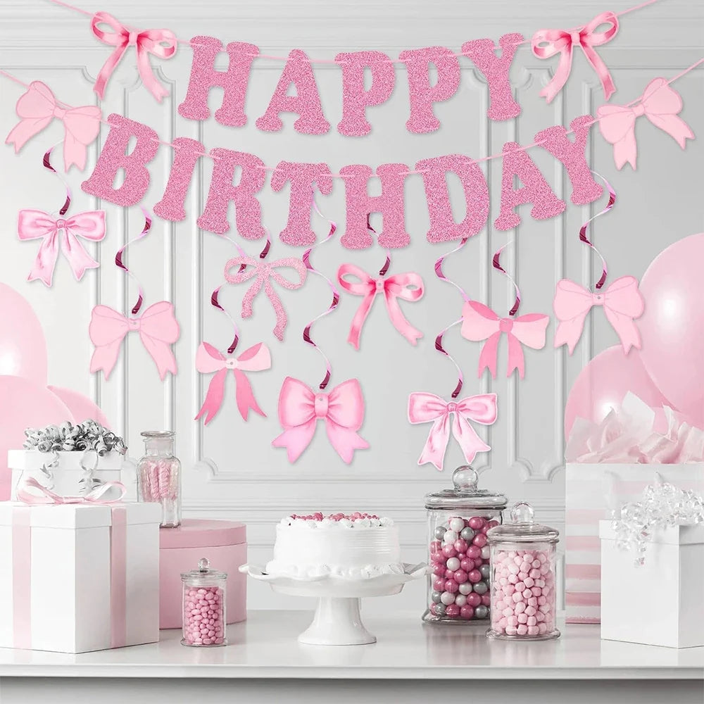 Bow Happy Birthday Banner & Flag Party Decoration Set Birthday Party Banner Qme