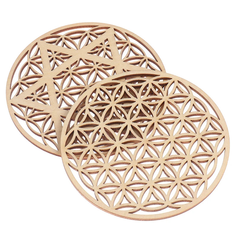 Chakra Flower Carved Natural Wood Coaster – 10cm Round Wood Coaster Qst