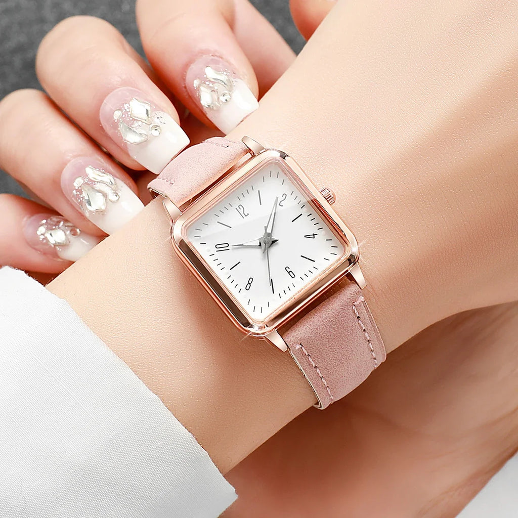 Rose Gold Square Women's Digital Watch – Pink Leather Strap Women's Digital Watch Qme