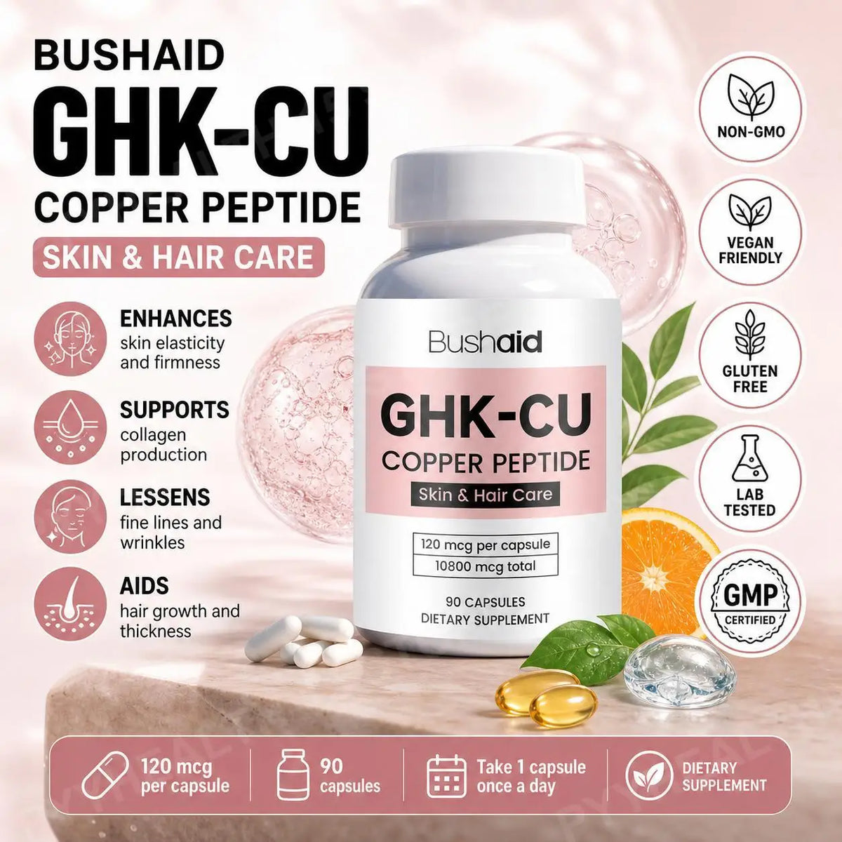 BushAid GHK-Cu Copper Peptide Capsules + Vitamins C & E – 90ct Beauty Supplement Capsules Qst