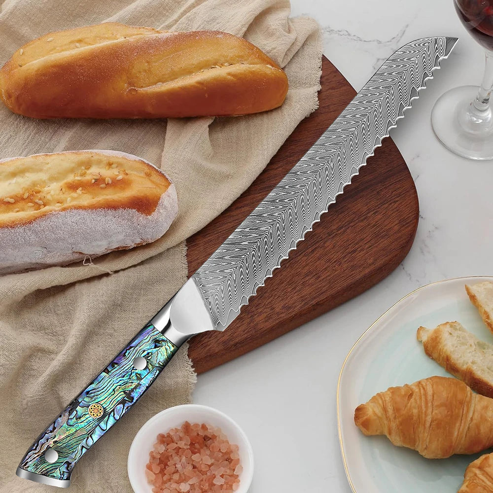 XITUO 8-Inch Damascus Serrated Bread Knife – VG-10 Steel Serrated Bread Knife Qst