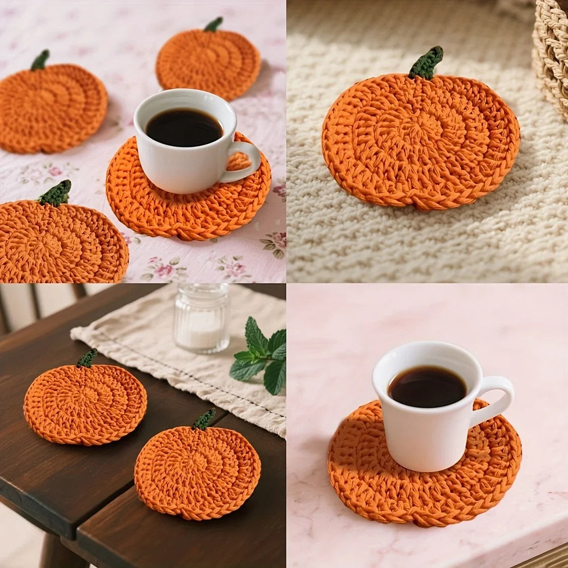 Crochet Pumpkin Coasters – Handmade Knitted Cup Mat Knitted Coaster Set Qme