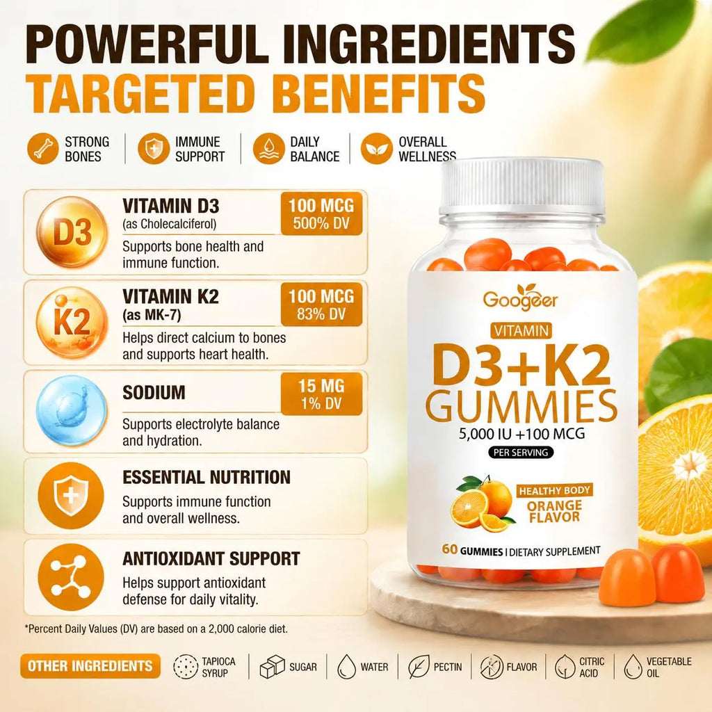Googeer Vitamin D3 + K2 MK-7 Gummies – Orange, 60ct Vitamin Supplement Gummies Qst