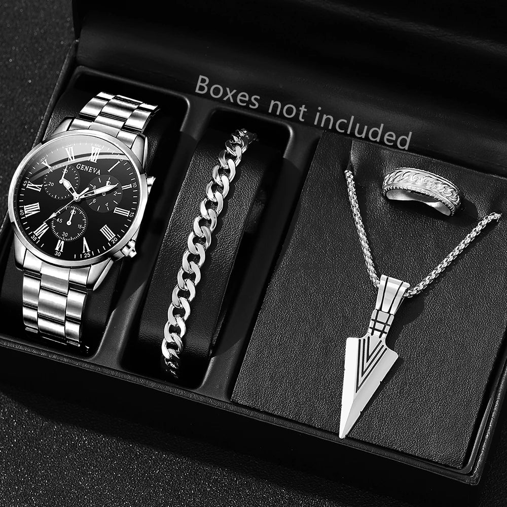 Geneva Roman Dial Men's Watch & Jewelry 4-Piece Set Men's Jewelry Set Qme Silver