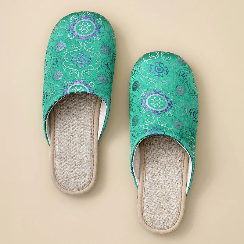 Women's Retro Floral Linen Indoor Slippers – Non-Slip Home Shoes Indoor Slippers Qst Green 35-36