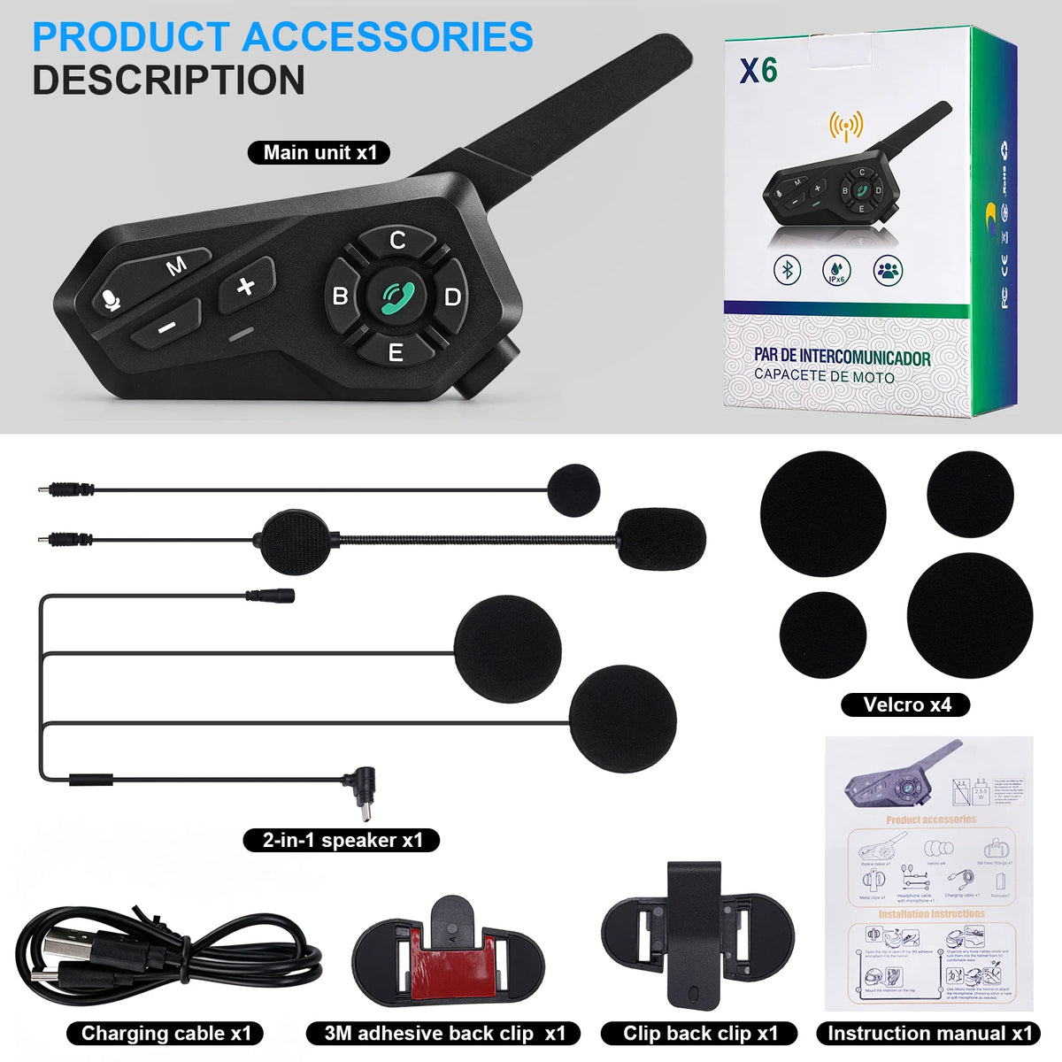 Motorcycle Helmet Bluetooth Headset – 6-Rider Intercom & FM Helmet Bluetooth Headset Qst 1Pcs