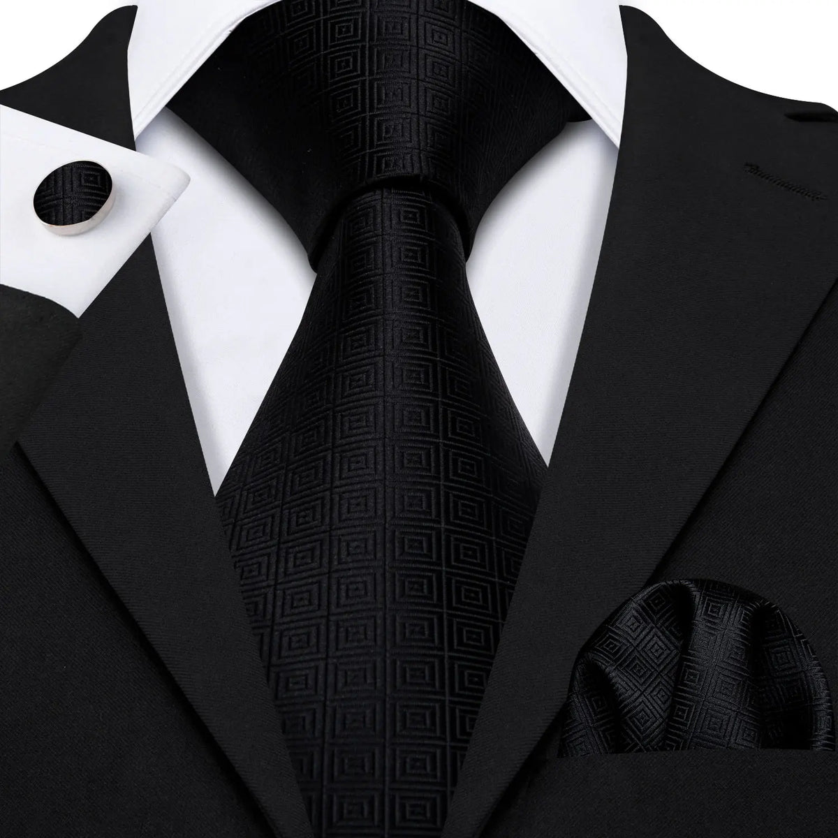 Barry Wang Black Geometric Silk Necktie & Handkerchief Set Necktie & Handkerchief Set Qme