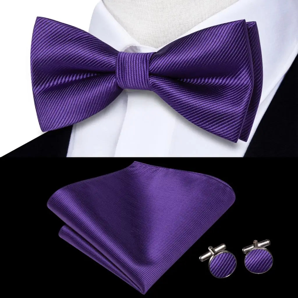 Men's Silk Bow Tie, Pocket Square & Cufflinks Set – Purple Bow Tie Gift Set Qme LDLH2501
