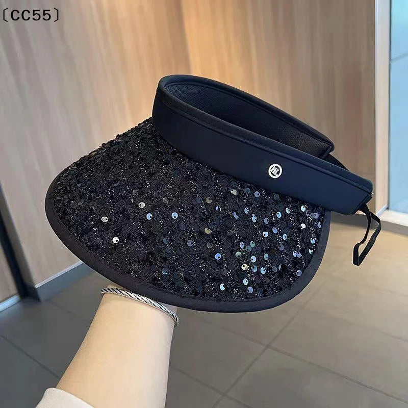 Sequin Wide Brim Sun Visor Hat – UPF 30+ Foldable Open Top Sun Visor Hat Qst