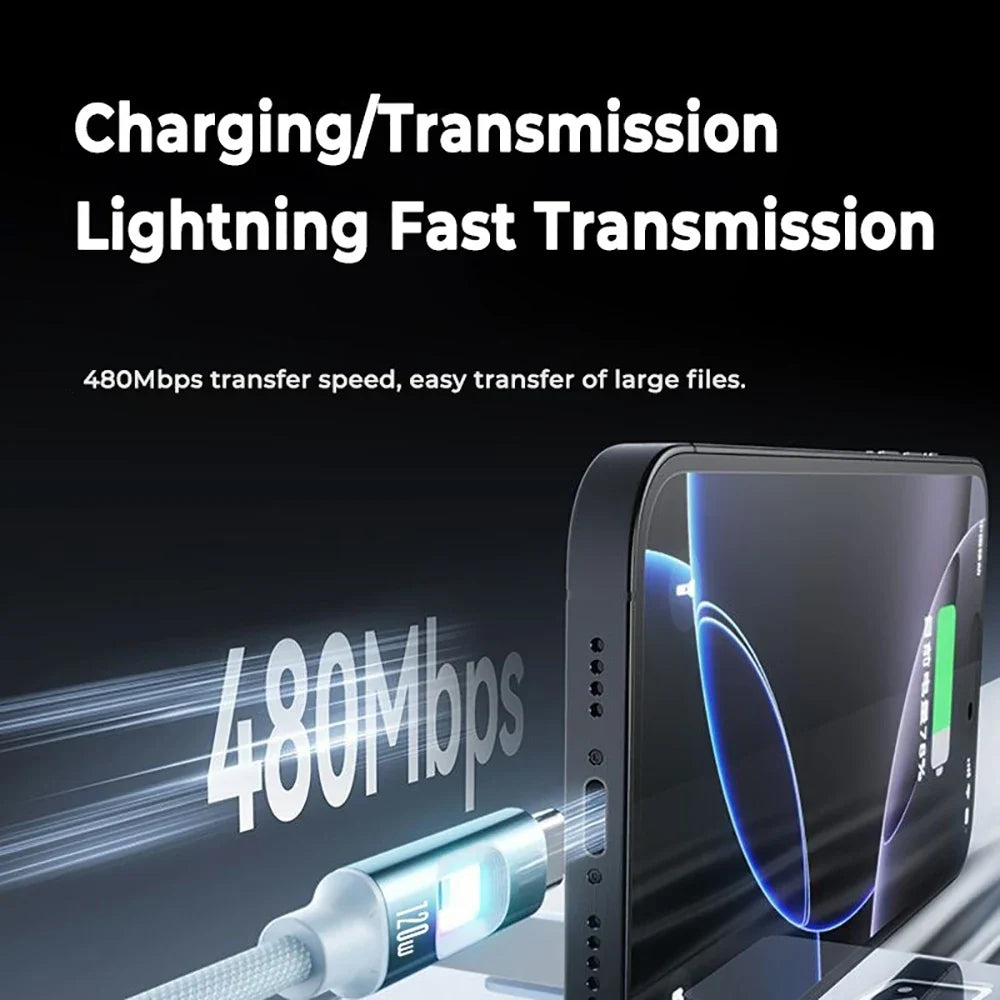 USB-C 120W RGB Fast Charging Braided Cable – PD Quick Charge USB-C Charging Cable Qme