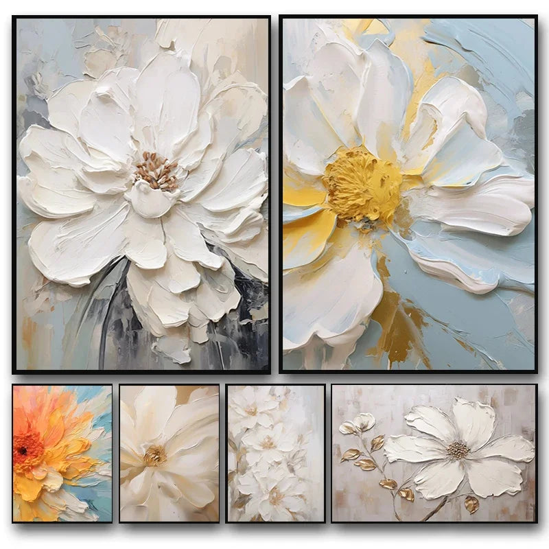 Nordic Abstract White Flower Canvas Wall Art Print | Unframed Canvas Wall Art Qst