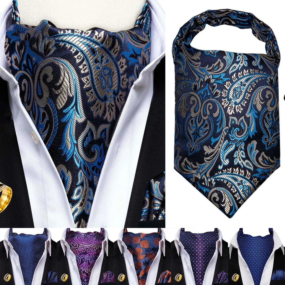 Men's Ascot Tie Cravat Set with Pocket Square & Ring Ascot Cravat Set Qme