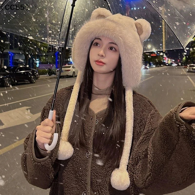 Women's Winter Plush Bear Ear Bucket Hat – Fluffy & Warm Winter Plush Hat Qst