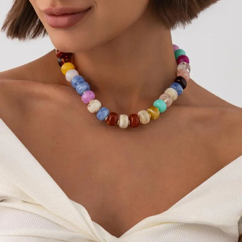 Y2K Colorful Resin Beads Chain Necklace – Trendy Women's Jewelry Beaded Chain Necklace Qme