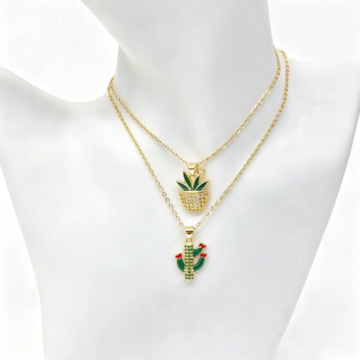 Gold Plated Multicolor Zircon Enamel Cactus Pendant Necklace Pendant Necklace Qme