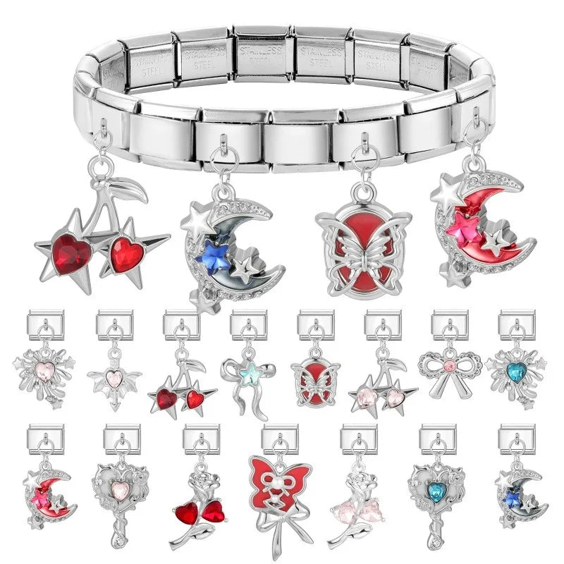 Shiny Zircon Red Cherry Bow Italian Charm – 41 Color Options Italian Charm Qme