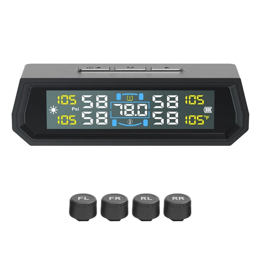 Solar USB TPMS LCD Tire Pressure Monitor – IPX7, 4-Wheel Tire Pressure Monitor Qme External