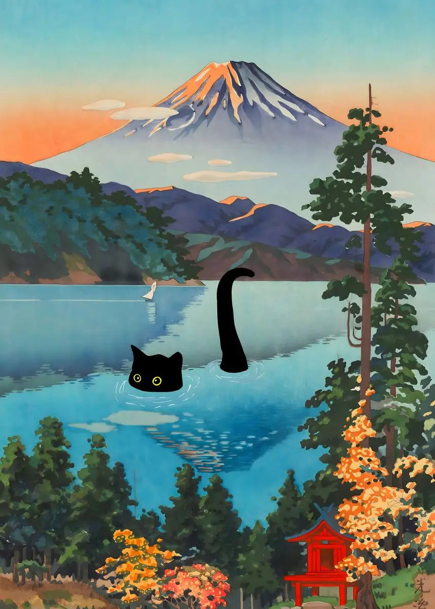 Vintage Black Cat Japanese Forest Canvas Wall Art Print Poster Canvas Wall Art Qst K 40X60cm No Framed