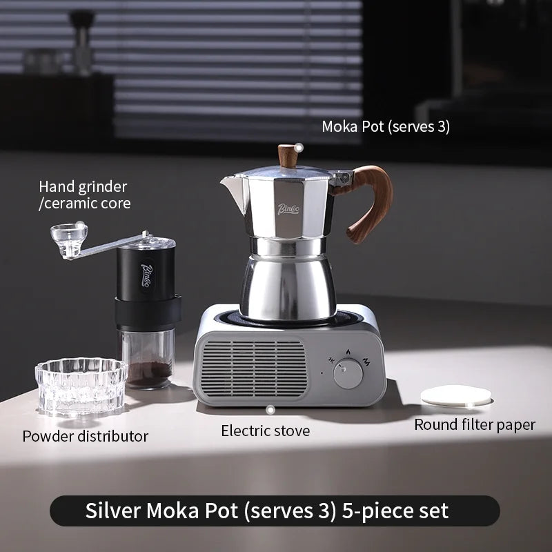 BINCOO Moka Pot Kit – Electric Heater & Manual Grinder Moka Pot Bundle Qst 5pcs Set A-3cups