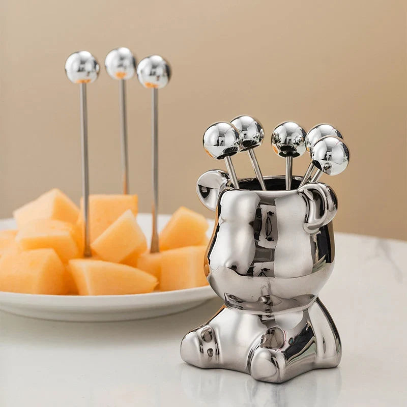 Cute Bear Stainless Steel Dessert Forks with Ceramic Storage Jar Dessert Fork Set Qme