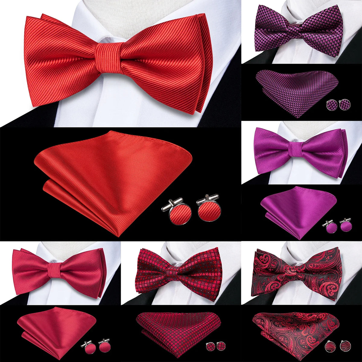 Men's Silk Jacquard Bow Tie, Pocket Square & Cufflinks Set Bow Tie Gift Set Qme