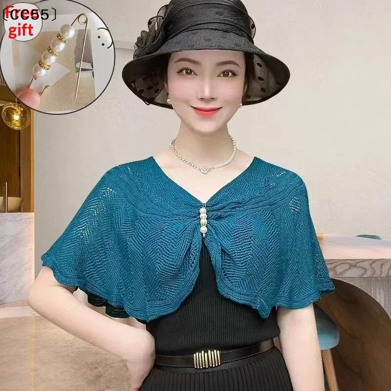 Women's Knit Shawl with Pearl Brooch – Lightweight Cape Knit Shawl Cape Qst