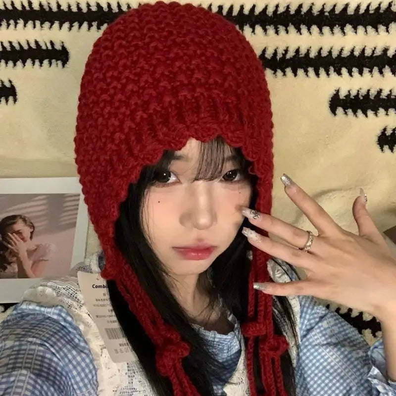 Women's Winter Knitted Tassel Beanie with Ear Cover Knitted Winter Beanie Qst
