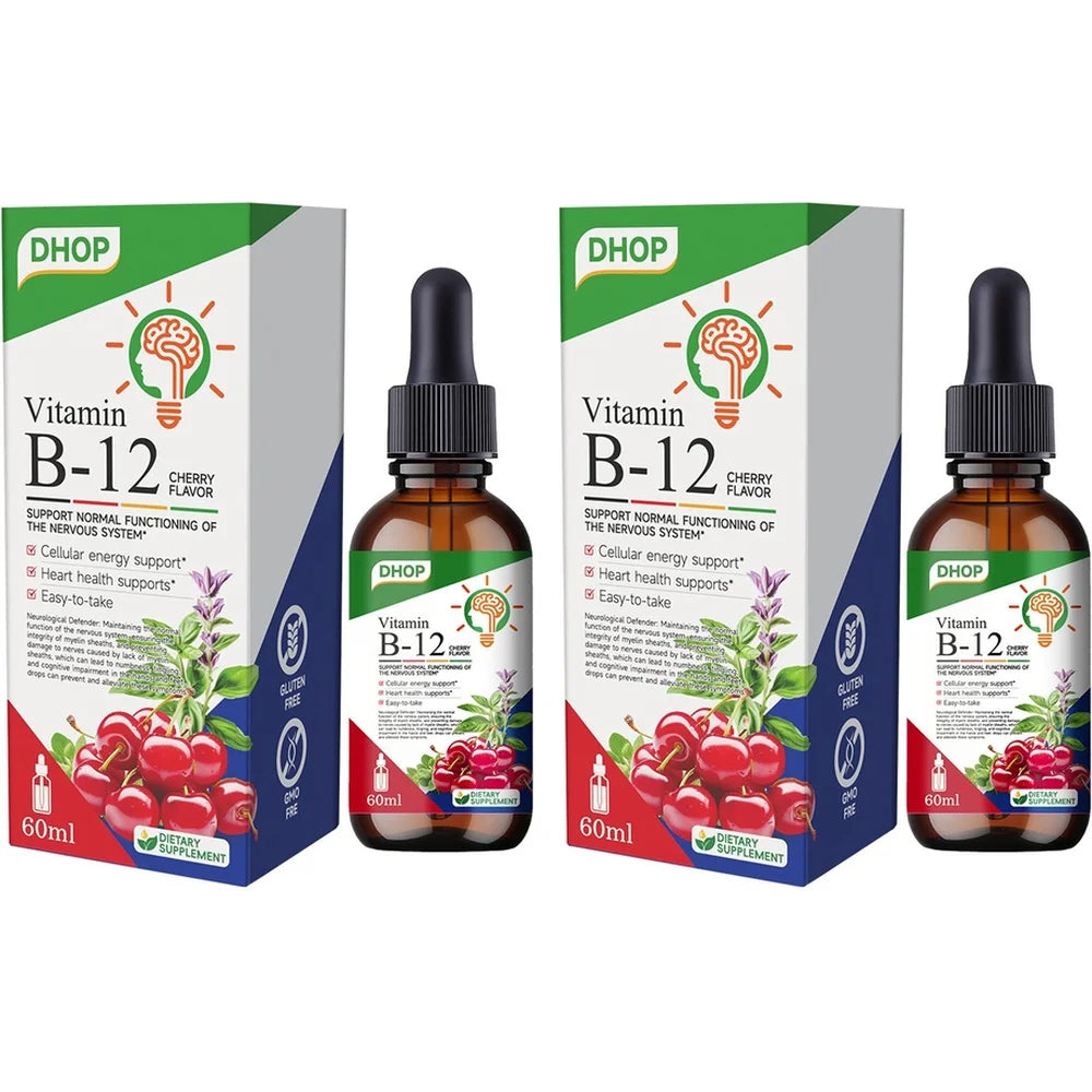 Vitamin B-12 Liquid Drops Methylcobalamin Cherry | 60ml Vitamin B12 Supplement Qst 2 Bottles