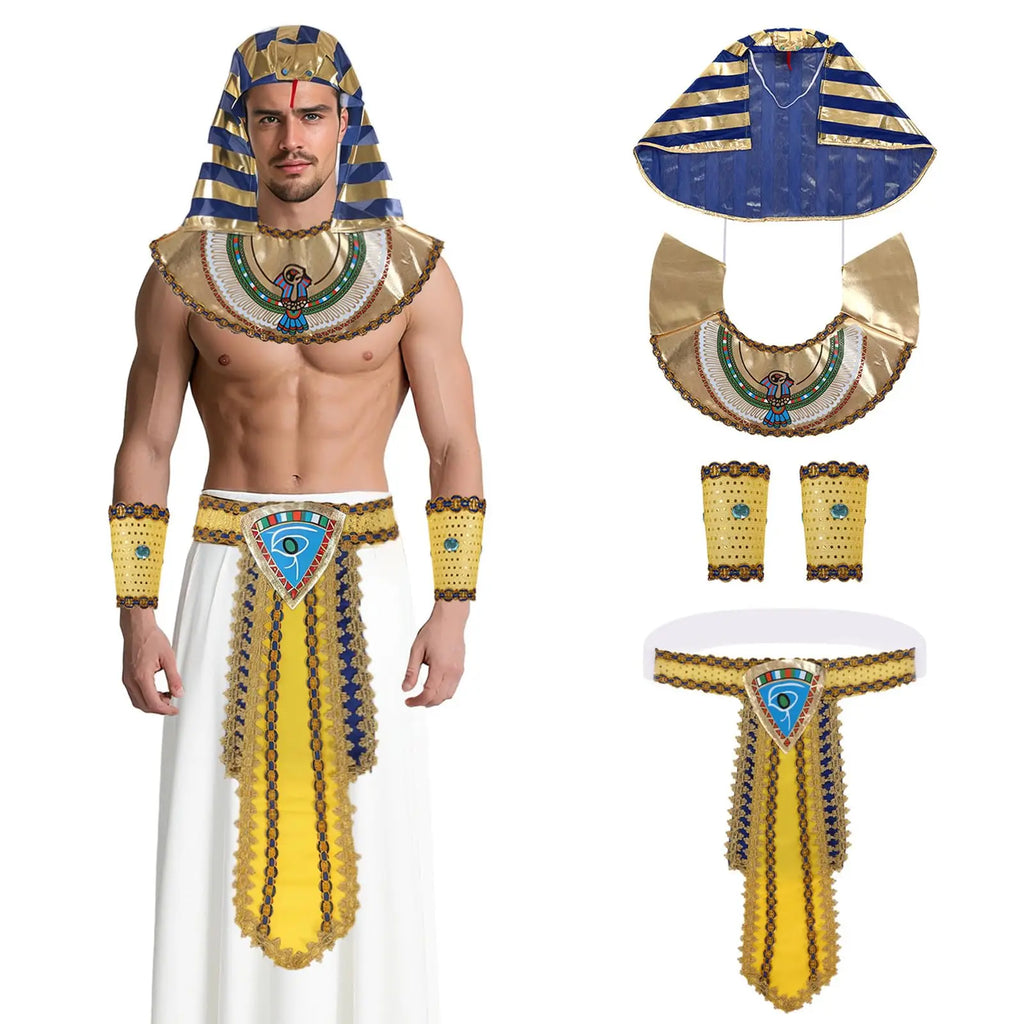 Egyptian Cleopatra Pharaoh Costume Set – Headpiece, Collar & Belt Costume Accessory Set Qme A ONE SIZE