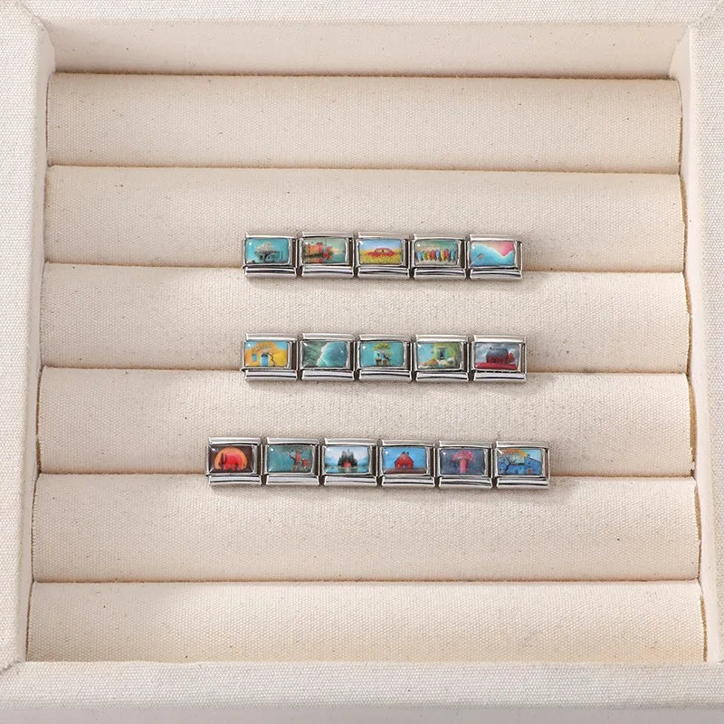 Spring Scenery Vintage Car Tree House Stainless Steel Charms Jewelry Making Charms Qme