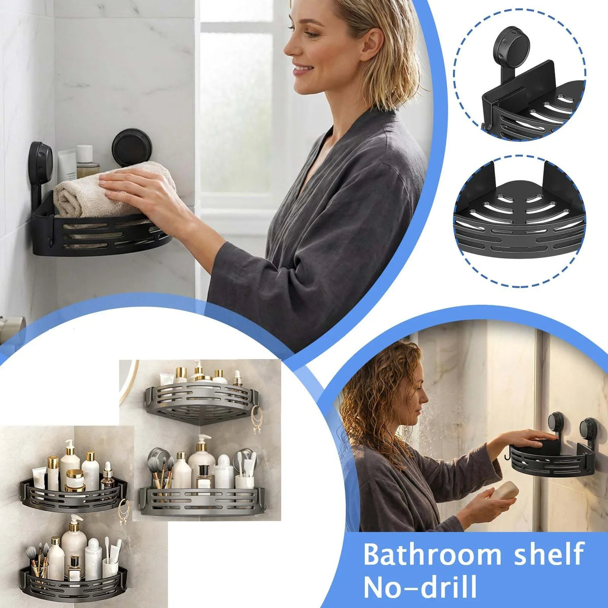 No-Drill Suction Cup Corner Shower Shelf – Bathroom Organizer Corner Shower Shelf Qme