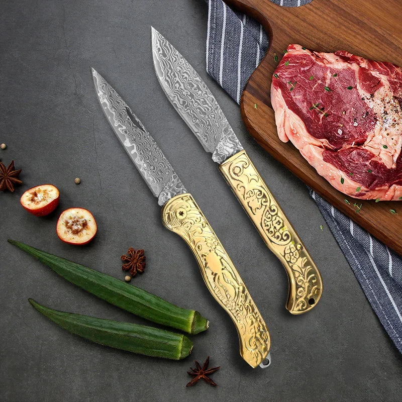 Damascus Steel Folding Knife – Copper Handle, BBQ & Kitchen Damascus Folding Knife Qst