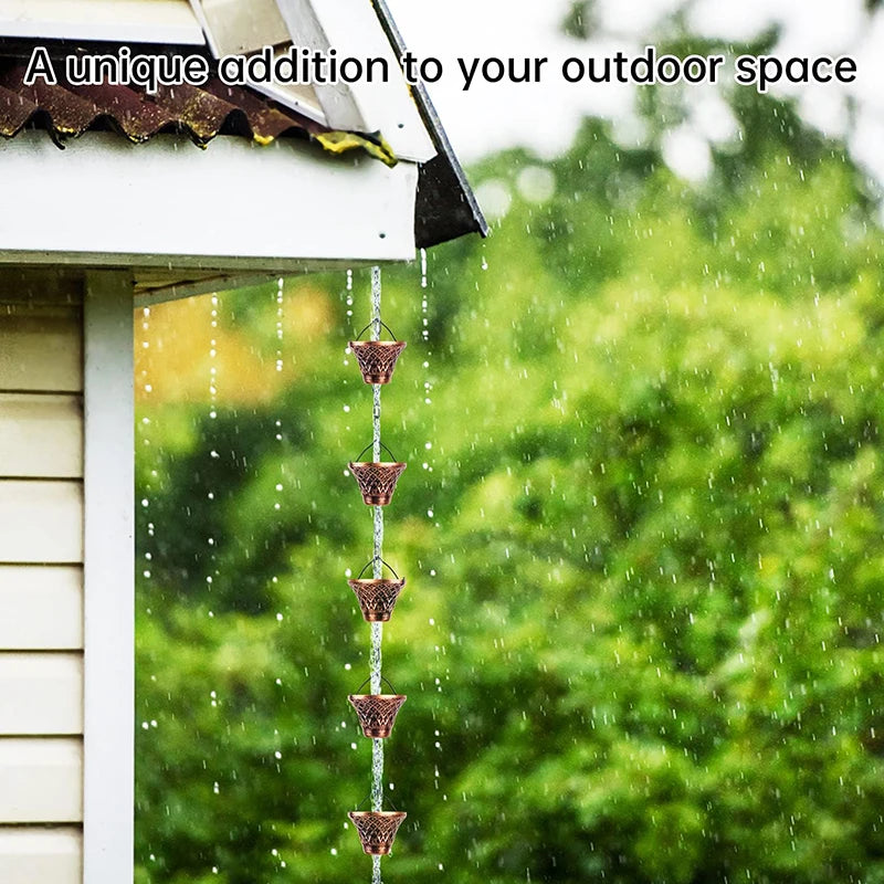 12-Cup Copper-Plated Metal Rain Chain – Gutter Downspout Rain Chain Qst