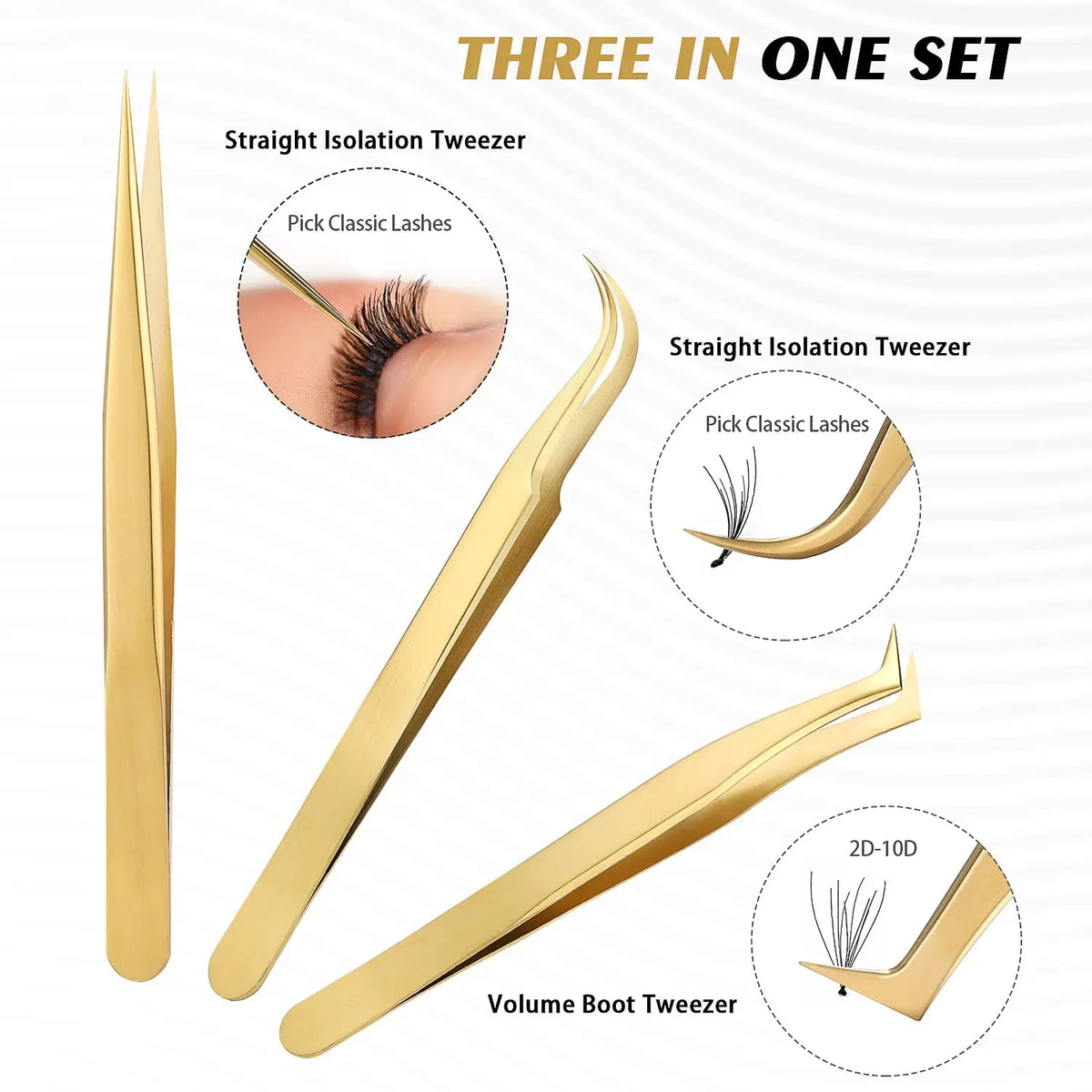Precision Lash Tweezers Set – 3 Stainless Steel Eyelash Tools Lash Extension Tweezers Qme