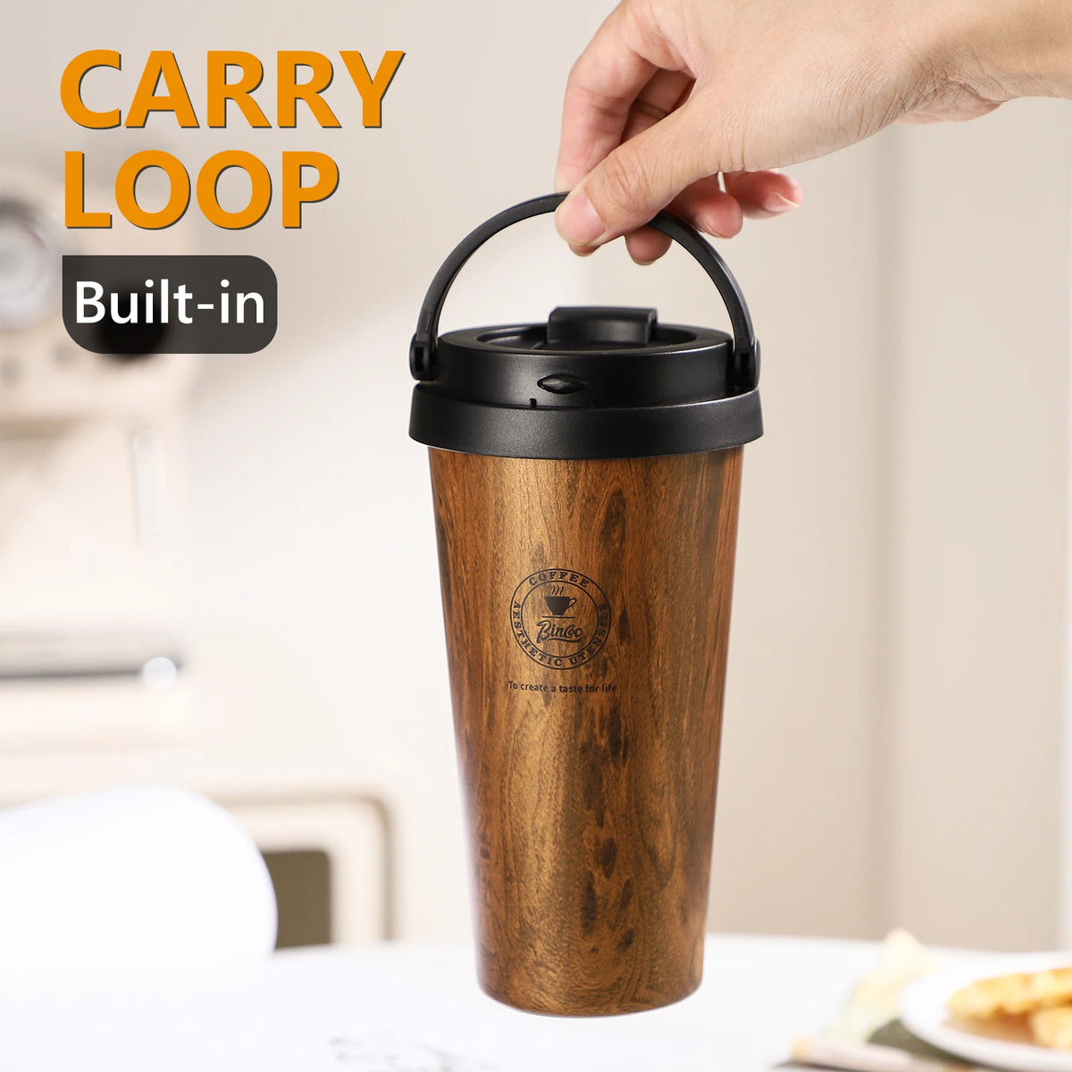 Bincoo 500ml Retro Woodgrain Travel Mug – Insulated Thermos Travel Mug Thermos Qst