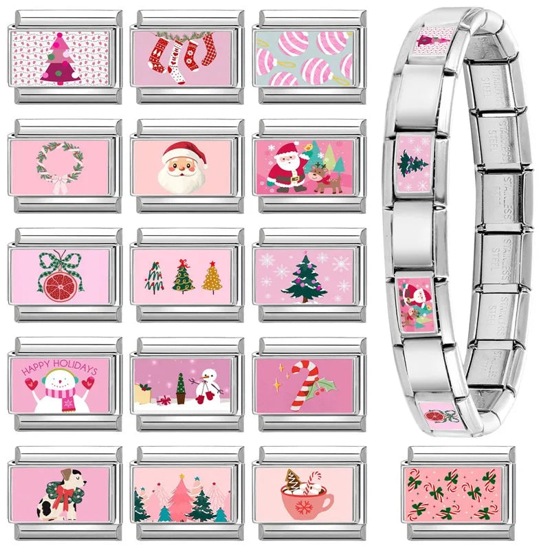 Pink Christmas Charms – Santa, Snowman, Tree, Elk & Wreath Holiday Charm Jewelry Qme