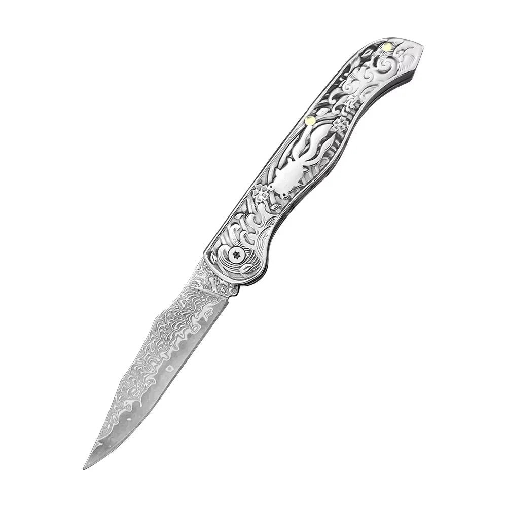 VG10 Damascus Steel Mini Folding Pocket Knife – EDC Fruit Knife Folding Pocket Knife Qst Folding Knife B