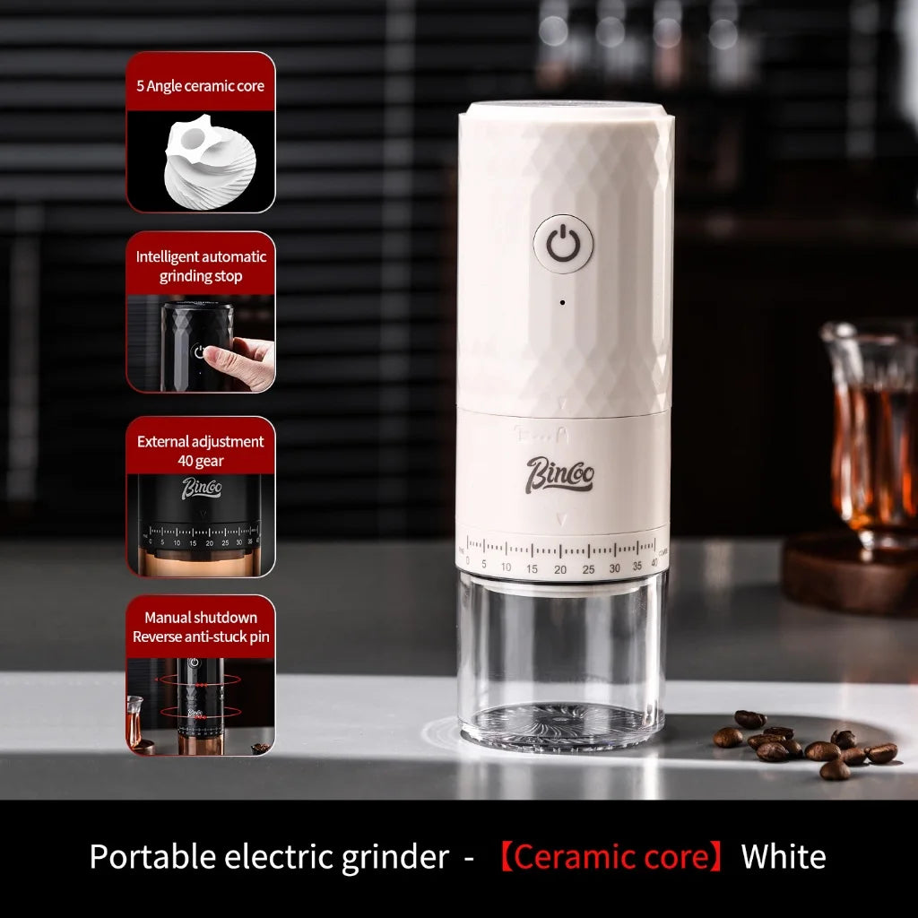 Bincoo Electric Coffee Grinder – Compact Automatic Bean Mill Electric Coffee Grinder Qst White(Ceramic Core)