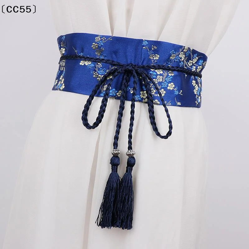 Vintage Floral Embroidered Wrap Belt – Bow Tie Tassel Sash Embroidered Wrap Belt Qst