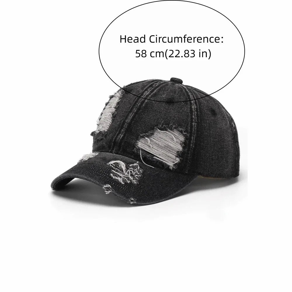 Retro Ripped Washed Denim Baseball Cap | Frayed Curved Brim Denim Baseball Cap Qme
