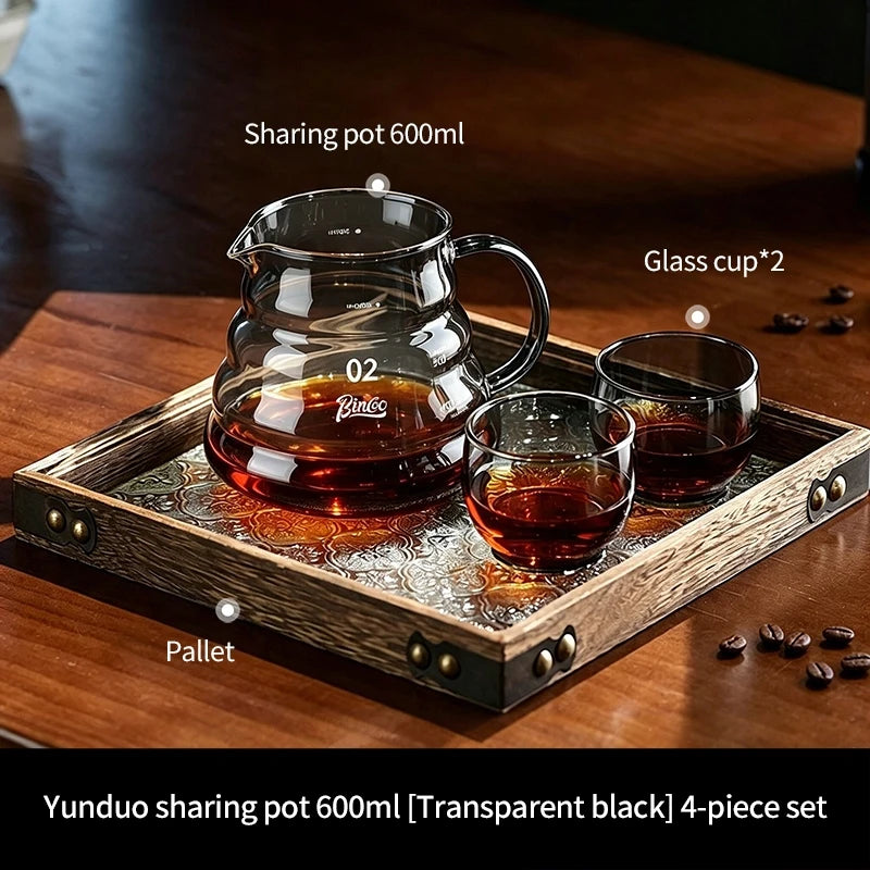 BINCOO Glass Coffee Server Set with Cup & Tray 400ML 600ML Glass Coffee Server Set Qst Grey2cupstray600ml