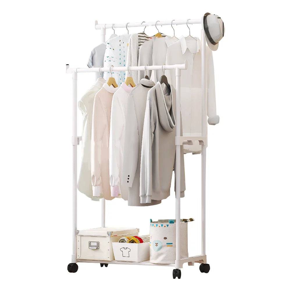 Double Rod Garment Rack with Wheels – Portable Clothes Organizer Rolling Garment Rack Qme White